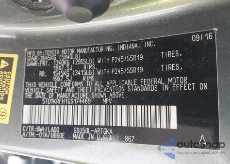 2016 Toyota Highlander Limited Platinum V6 z USA, uszkodzony, nr VIN 5TDYKRFH1GS174469